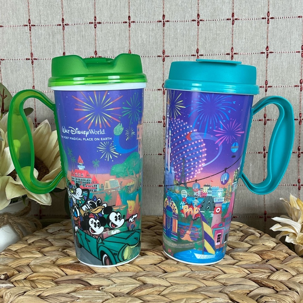 Set Of 2 Walt Disney World Resort Anniversary Refillable Flip Lid & Handle Cups